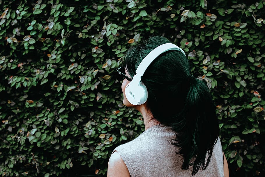 person using white headphones, headshot, one person, rear view HD wallpaper