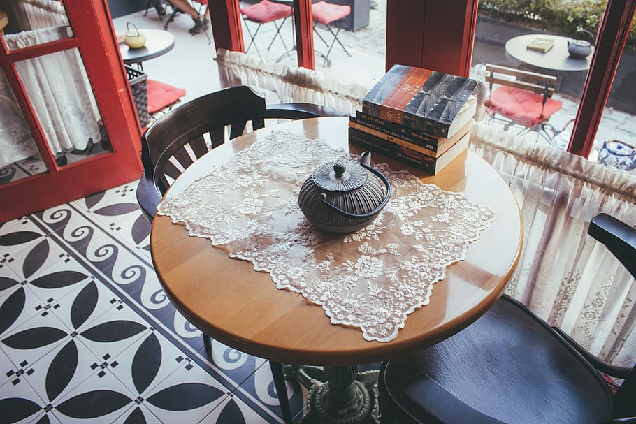 Black Kettle on Brown and Black Wooden Coffee Table, books, café HD wallpaper