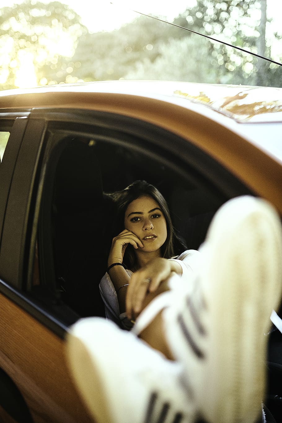 Woman Sitting Inside Car Seat, attractive, automobile, blur, driver