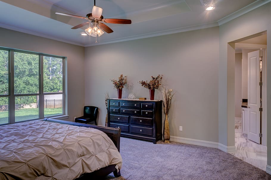 Bed Comforter Under the Ceiling Fan, bedroom, chair, contemporary