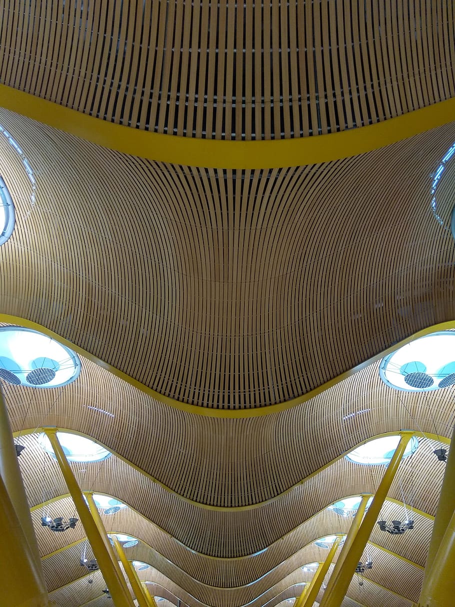 brown and green waves ceiling view, indoors, low angle view, pattern HD wallpaper
