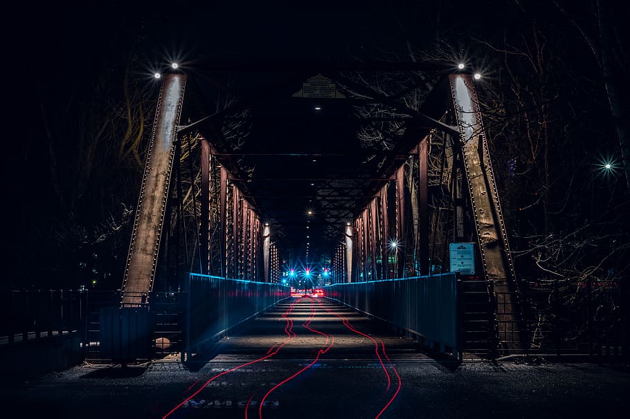 Bridge, architecture, asphalt, blur, dark, evening, illuminated HD wallpaper