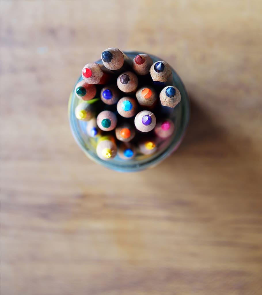Coloring Pencils Top View Photography, art materials, blue, bright HD wallpaper