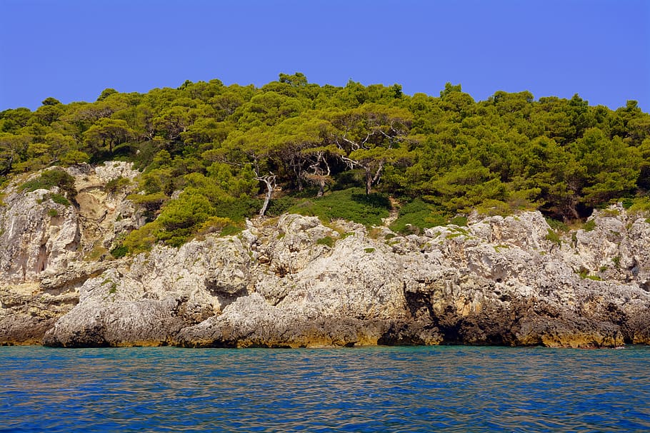 sea, mountain, cliffs, trees, rock, forest, tremiti islands HD wallpaper