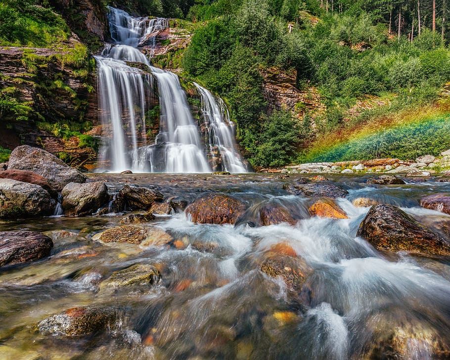 trees, river, waterfall, summer, hot, rainbow, green, rocks HD wallpaper