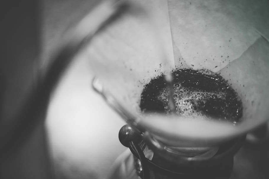 coffee, pour over, chemex, black and white, bw, indoors, close-up, HD wallpaper