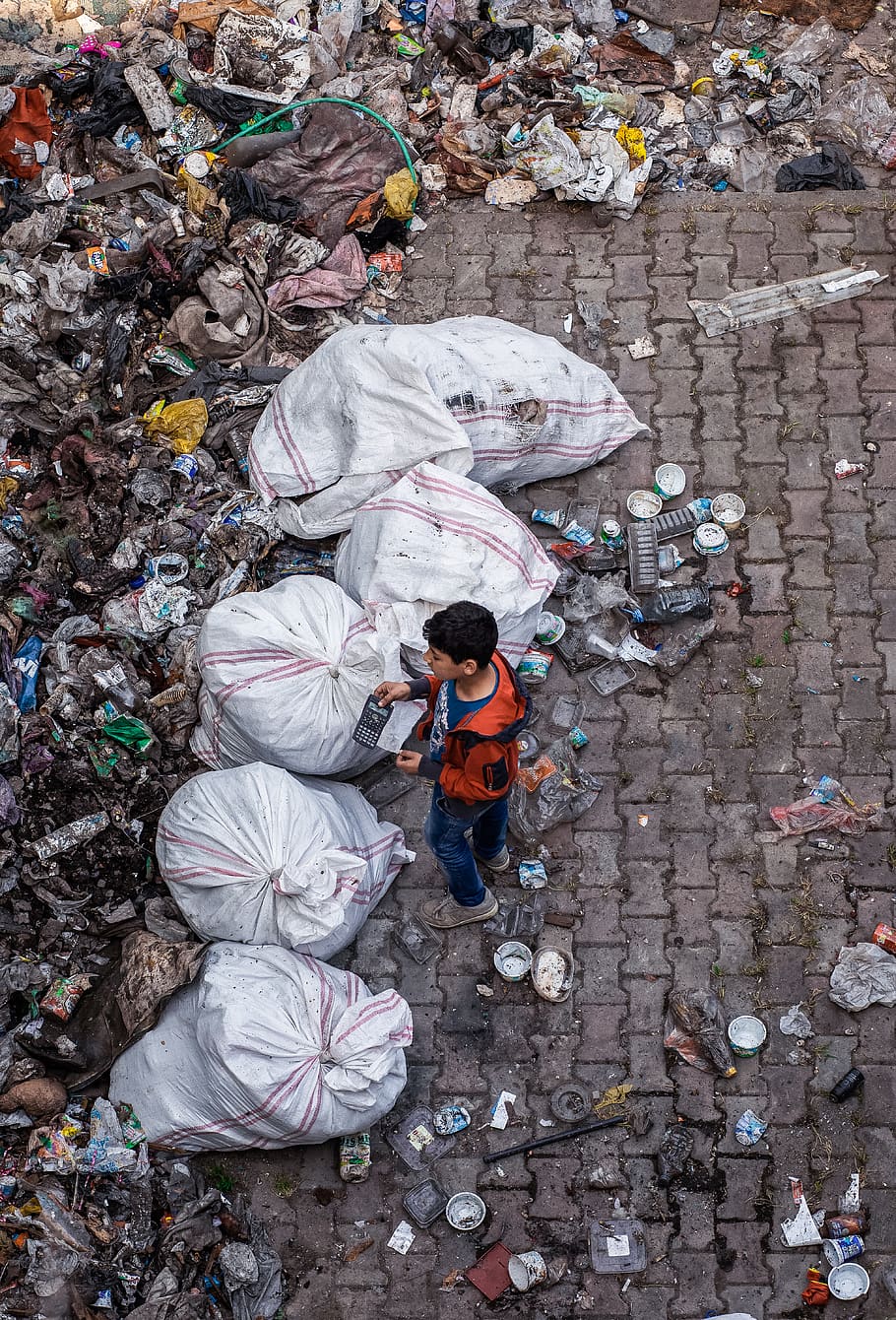Child Standing Near Garbage, boy, calamity, disposal, dump, environment