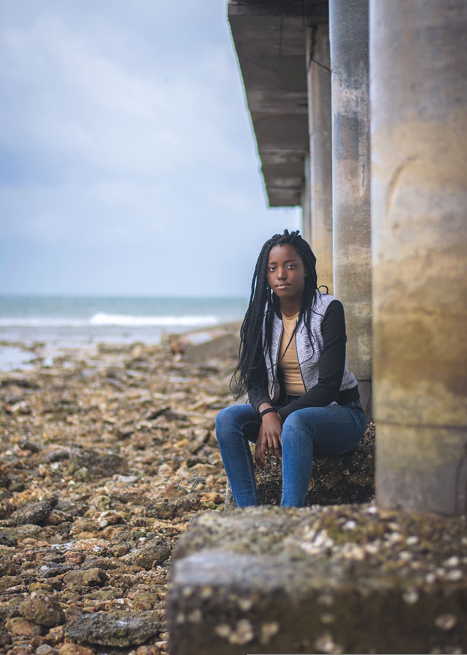 Woman Sitting on Concrete Bridge Support, beach, casual, clouds HD wallpaper