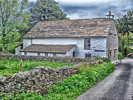 Brown and Grey Stone House Near Stone Fence Painting, architecture HD wallpaper
