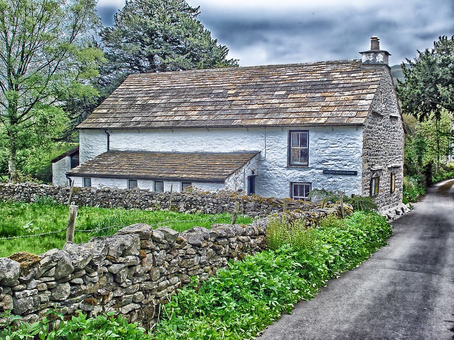 Brown and Grey Stone House Near Stone Fence Painting, architecture HD wallpaper