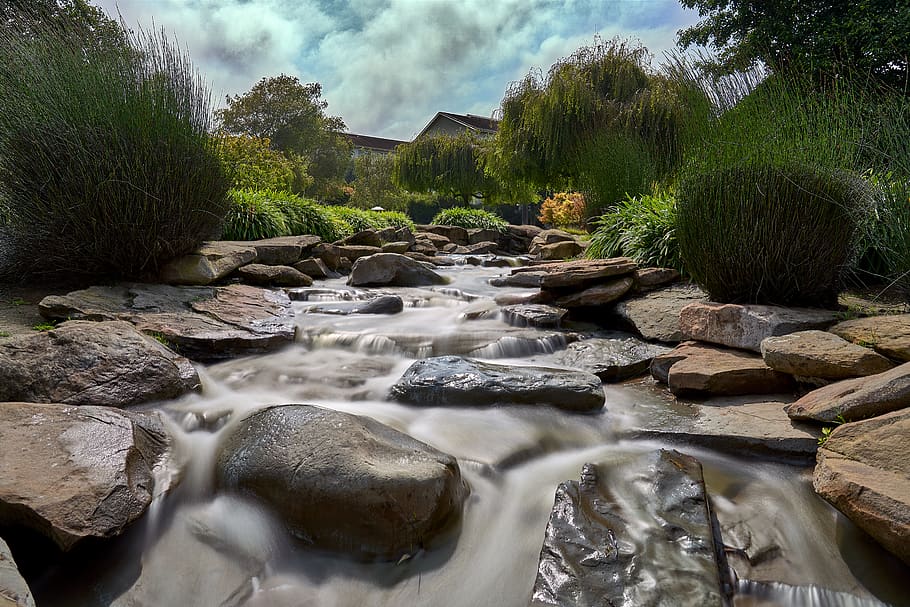 water, creek, park, trees, rocks, green, river, plant, solid HD wallpaper