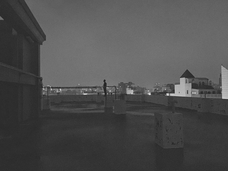 taiwan, tainan city, black and white, rooftop, night, architecture, HD wallpaper