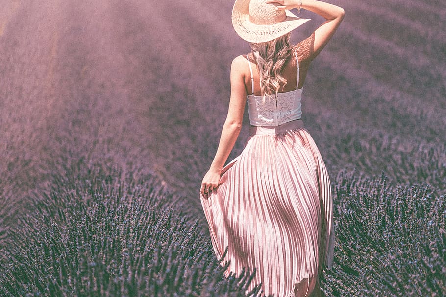 Vintage Lavender Field, beautiful, beauty, blonde, dreamy, dress, HD wallpaper