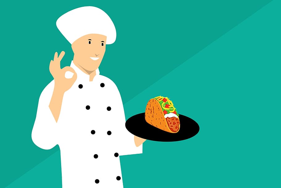 Illustration of chef with tacos., cartoon, kitchen, mexican, sombrero