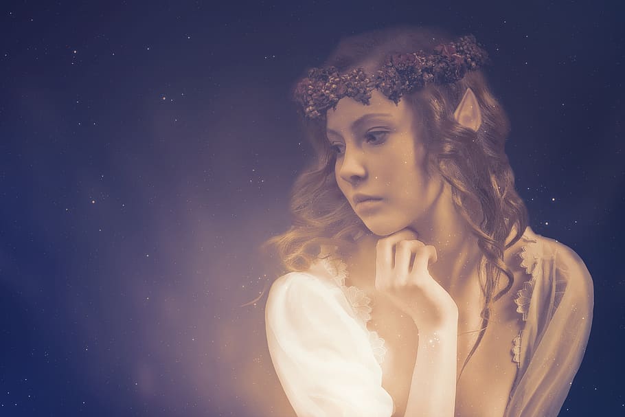 elf, portrait, wreath, sad, dream, thoughtful, woman, face HD wallpaper