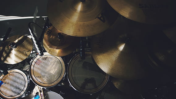 drums, cymbal, drumset, light, dark, contrast, music, drum - percussion instrument HD wallpaper