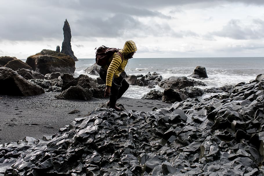 Photo of Man in Yellow Hoodie Near Seashore, beach, clouds, dawn HD wallpaper