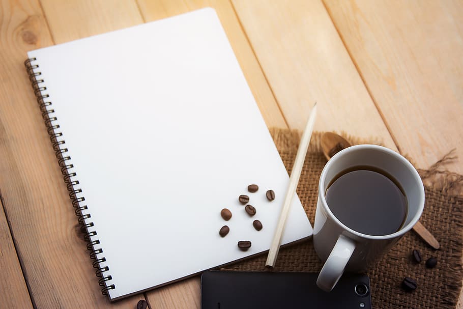 White Sketch Pad Beside Cup of Coffee, beverage, black coffee, HD wallpaper