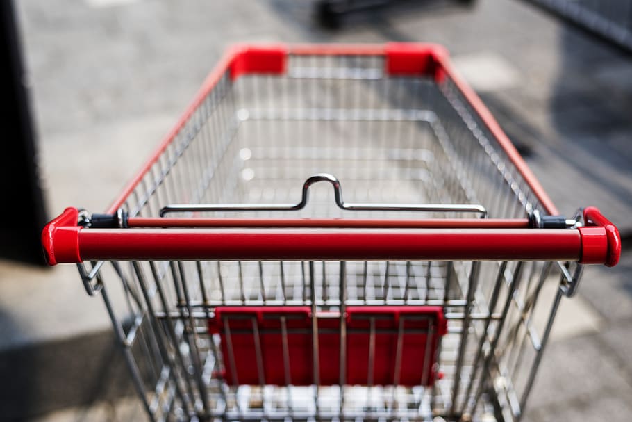 Photo of Red and Silver Grocery Cart, blur, chrome, close-up HD wallpaper
