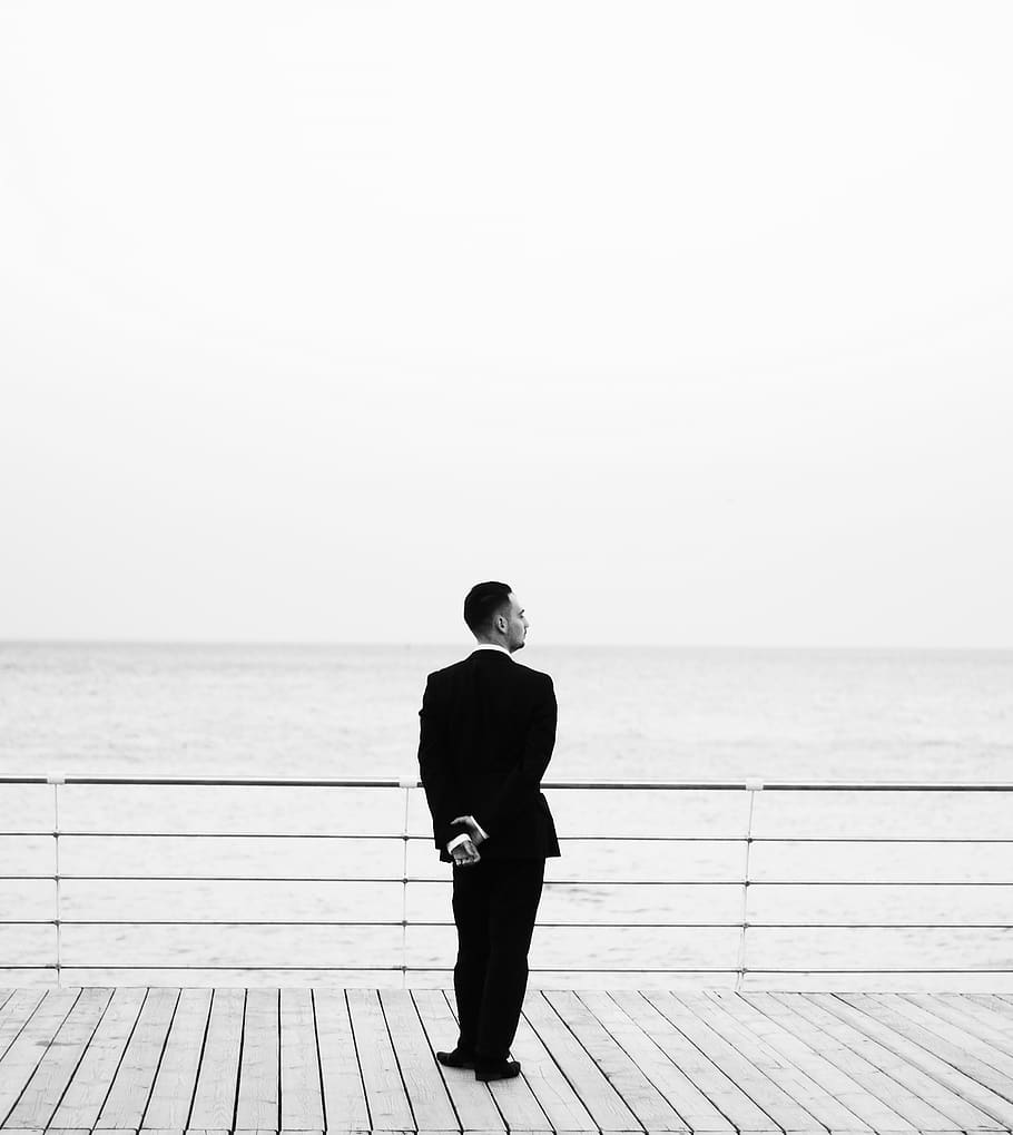 bw, mankind, men, official, sea, loneliness, point, minimalism HD wallpaper