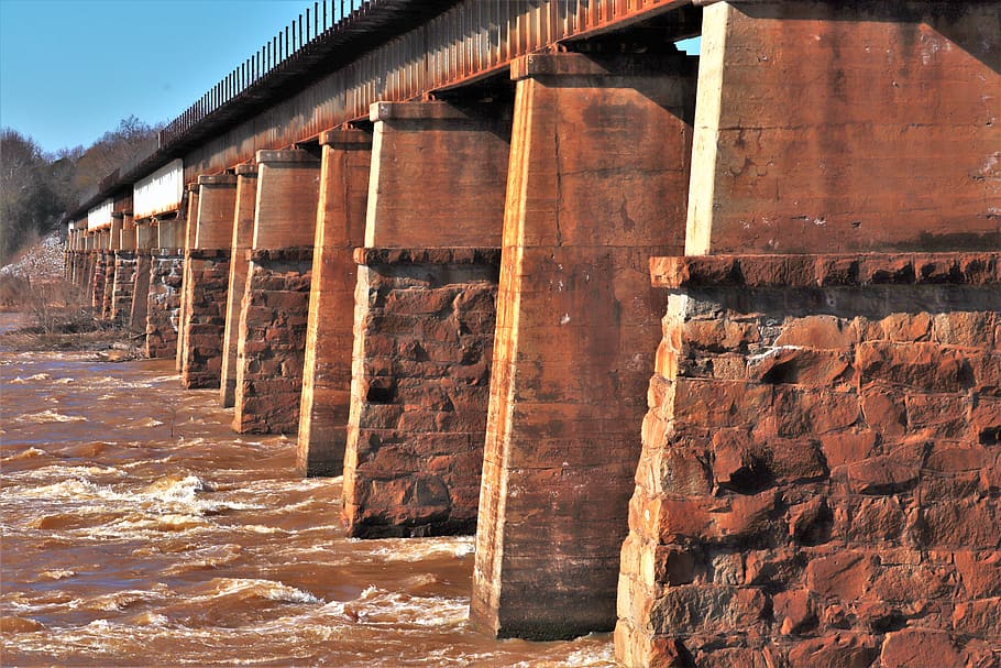 railroad bridge, wild river, whitewater, stone supports, columbia south carolina, HD wallpaper