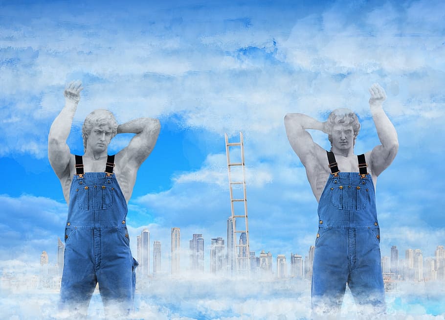 sky, lift, lifting, object, figure, sculpture, edit, city, standing HD wallpaper