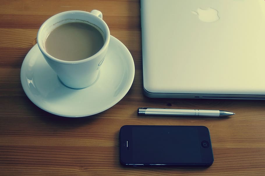 Cup and Saucer Beside Macbook, Pen, and Iphone, apple, coffee, HD wallpaper