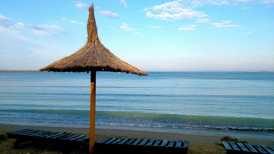 romania, constanța, water, sea, roof, sky, beach, land, thatched roof HD wallpaper