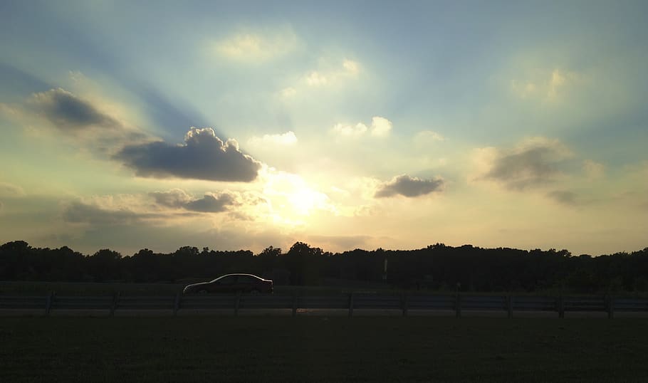 sunset, sunrays, shadow, blue sky, roadway, cloudscape, cloud - sky HD wallpaper