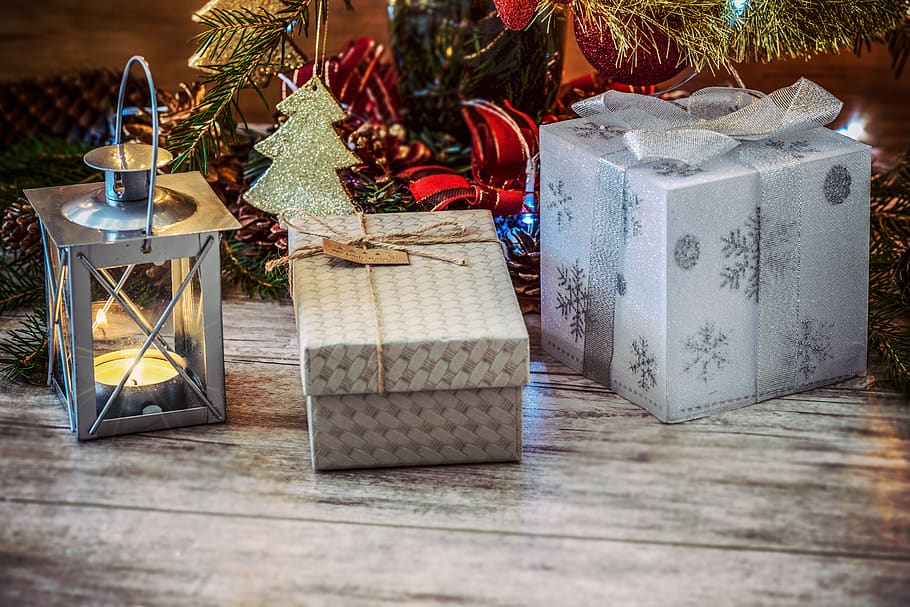 Two Gray and Beige Gift Boxes Beside Gray Metal Lantern, bow, HD wallpaper