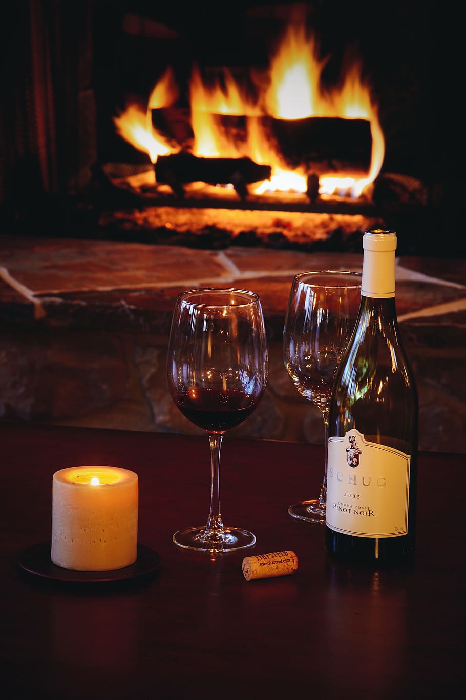 wine, romance, glasses, bottle, fire, log cabin, hearth, label HD wallpaper