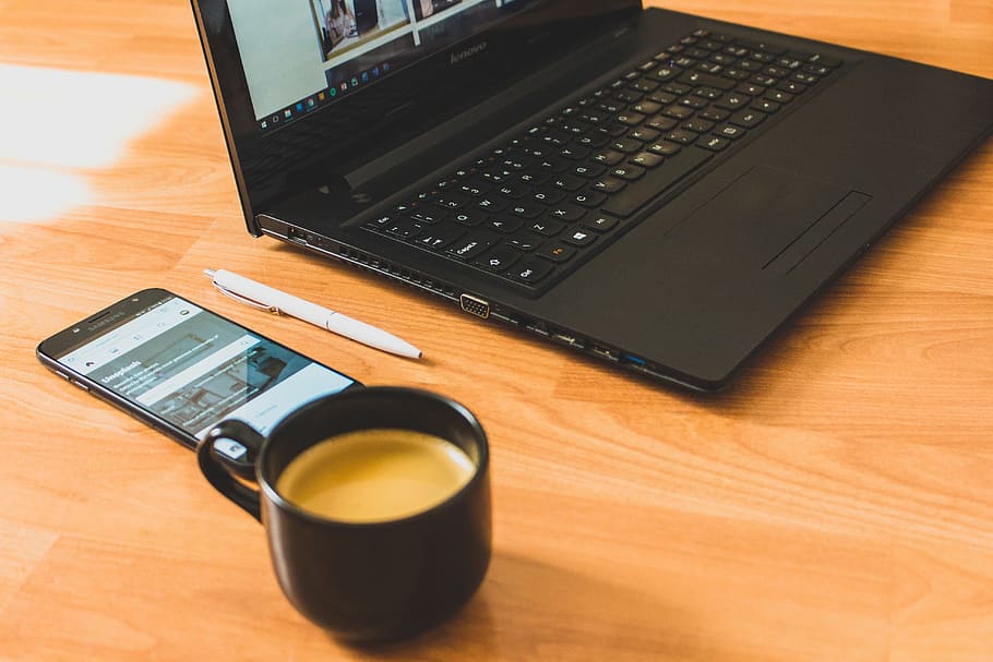 Black Laptop Computer and Black Ceramic Tea Cup, business, coffee HD wallpaper