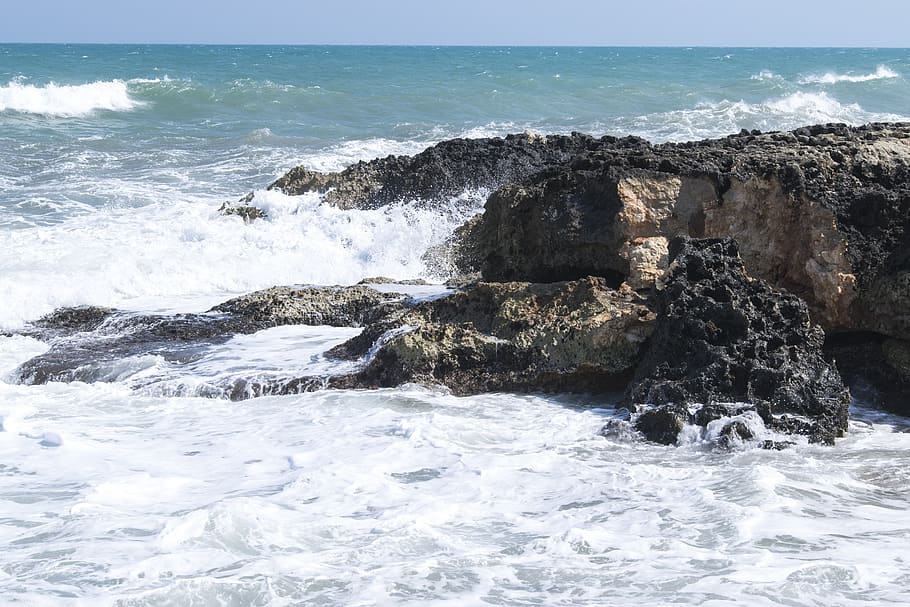 sea, rock, waves, foam, sky, nature, water, motion, sport, aquatic sport HD wallpaper