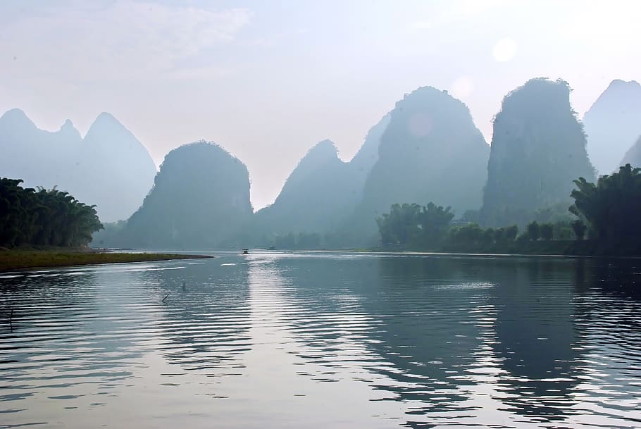 china, yangshuo, nimbuses, clouds, mist, li river, fishermen HD wallpaper
