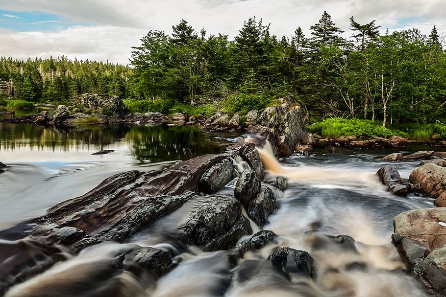 river, forest, water, fall, green, nature, reflection, long exposure HD wallpaper