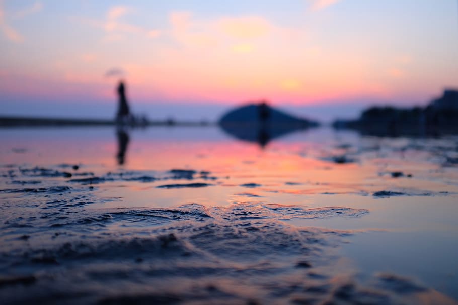 seashore with orange sky, person, nature, outdoors, hubogahama HD wallpaper