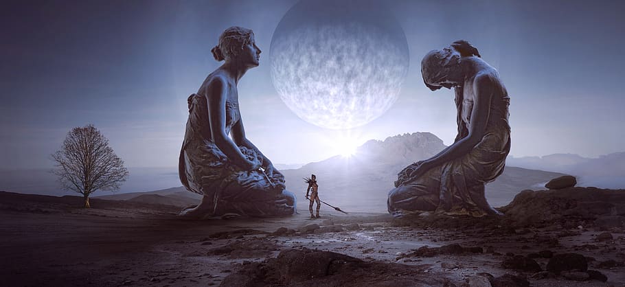 fantasy, figures, planet, woman, light, statue, surreal, mysterious