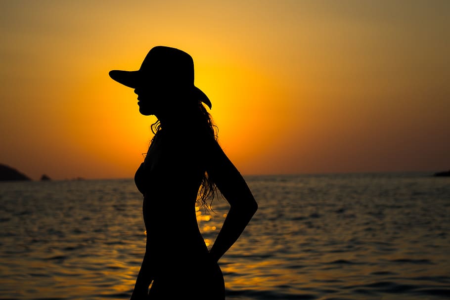 hat, silhouette, water, sunset, greece, beach, sky, orange color HD wallpaper