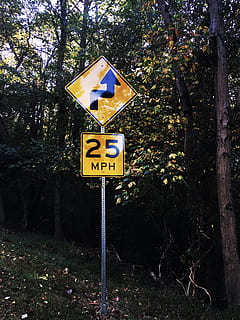 Yellow 25 Mphg Road Signage, danger, guidance, information, pole HD wallpaper