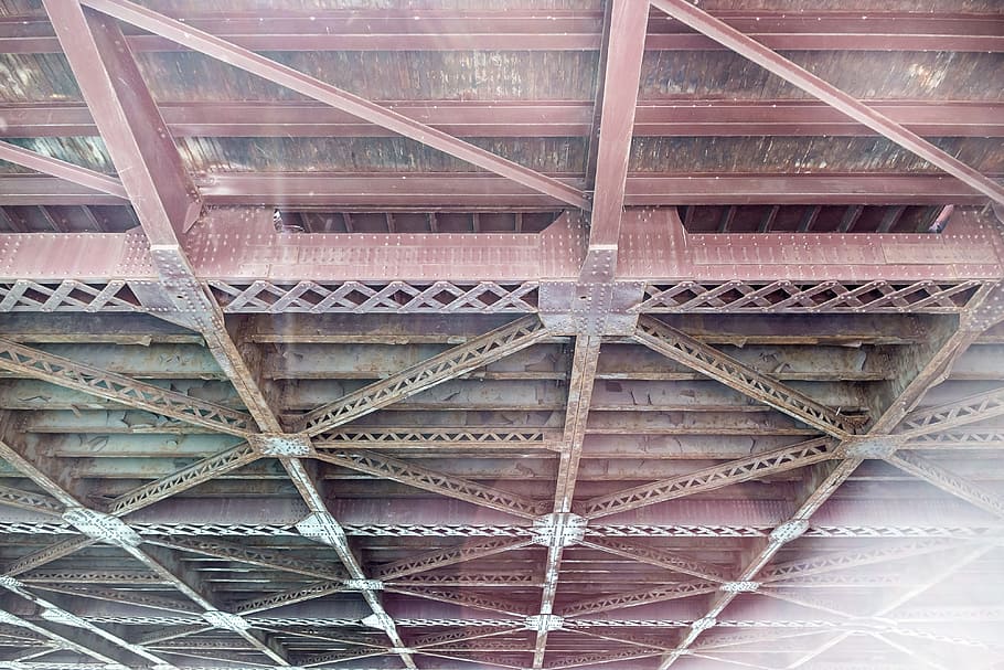 Steel bridge from below, abstract, architecture, background, beams HD wallpaper