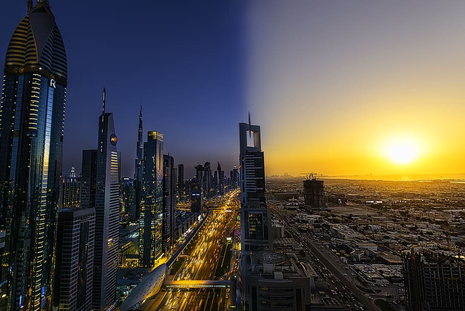 night, sunset, cityscape, lights, nature, dark, skyscraper HD wallpaper