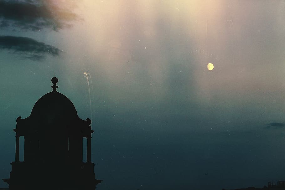 silhouette, building, architecture, moon, sky, evening, clouds HD wallpaper