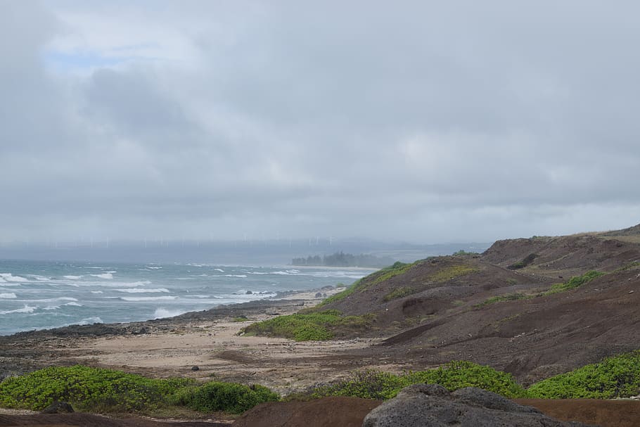 ocean, beach, rocks, sand, plants, cloudy, wind, turbine, hawaii HD wallpaper