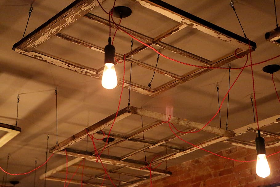 restaurant, lights, bulbs, ceiling, electricity, construction, HD wallpaper