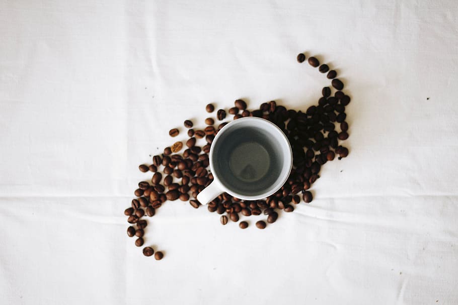 Empty White Ceramic Mug Surrounded by Coffee Grounds, aromatic HD wallpaper