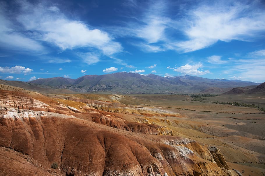landscape, sky, clouds, nature, scenic, mountain, field, mood HD wallpaper