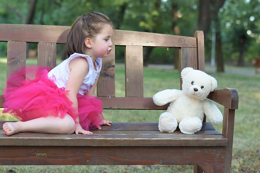 Brown Haired Girl Wearing Pink Tutu Dress Near White Bear Plush Toy HD wallpaper
