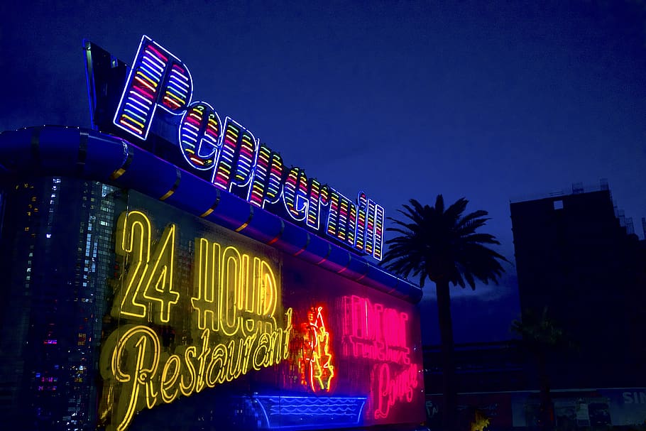 peppermill, las vegas, illuminated, night, building exterior HD wallpaper