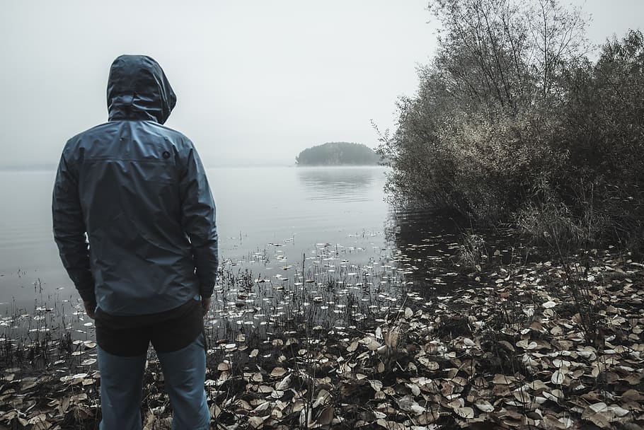 doom, person, man, pond, lake, autumn, leaves, morning, mist HD wallpaper