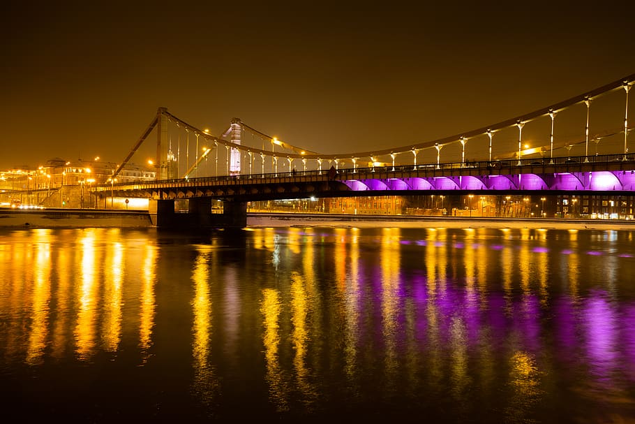 suspension bridge during night time, reflection, transportation HD wallpaper